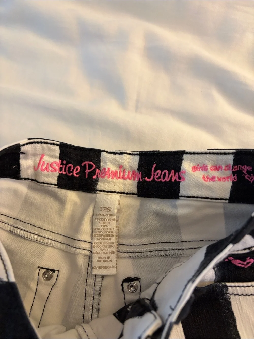 Justice Premium Black & White Striped Jeans with Pink Script Logo Size 12S
